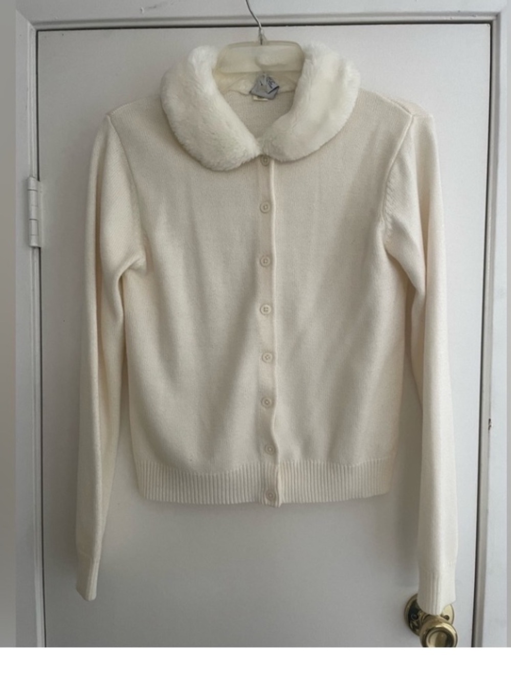 Old navy white faux fur collar button down cardigan, size 16, small